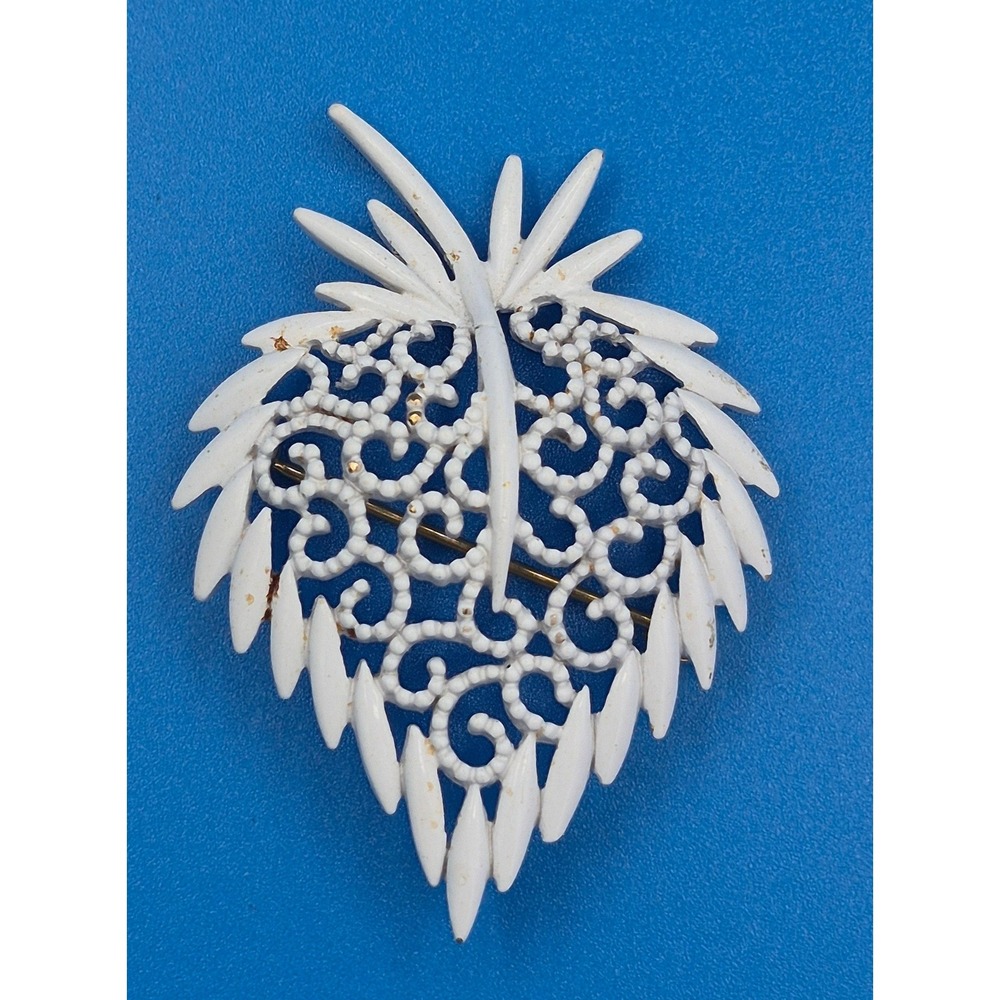 Vintage Monet Brooch White Enamel Openwork Strawberry Leaf Gold Tone Pin